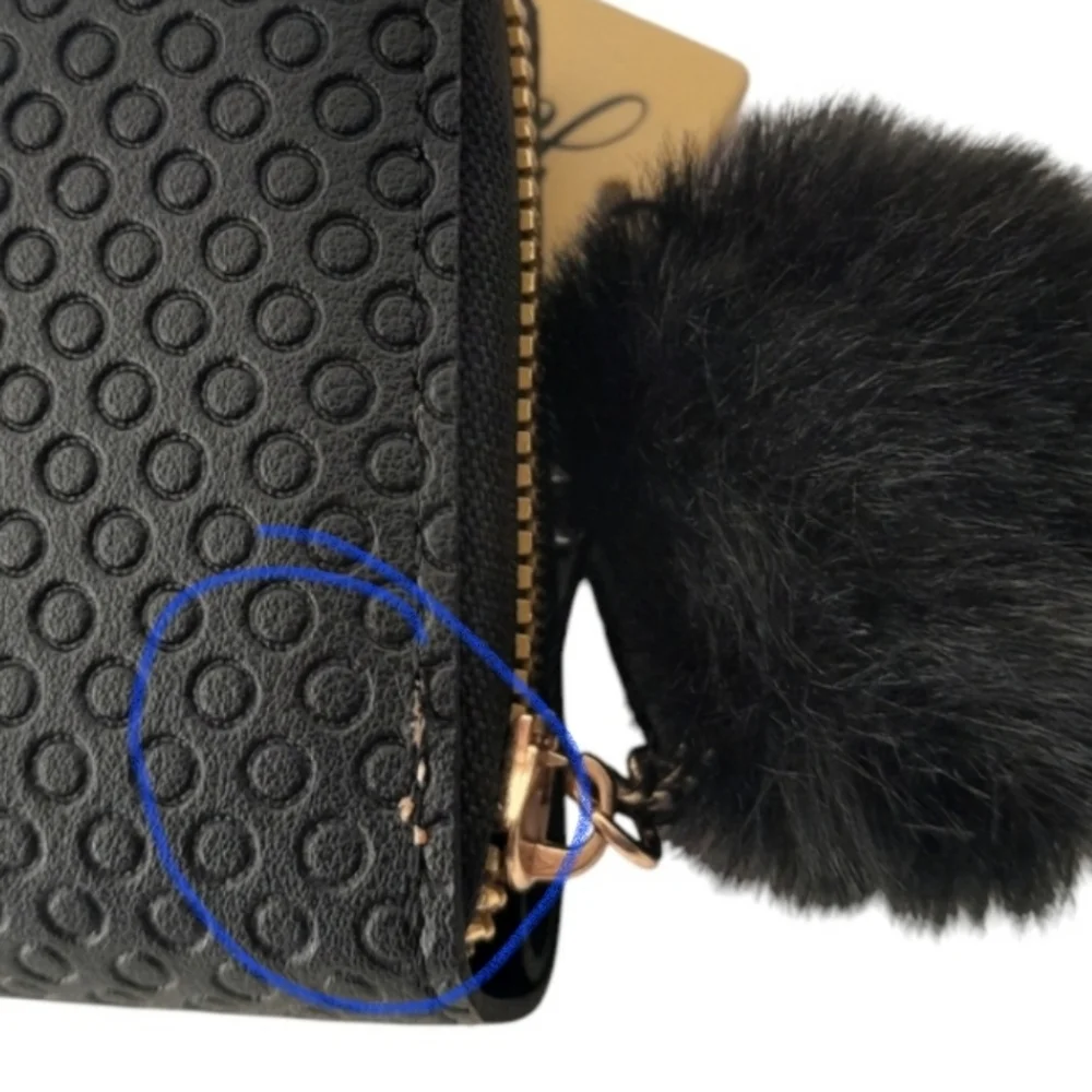 JOLENE COUTURE Black Zippy Wallet with Pom Pom
